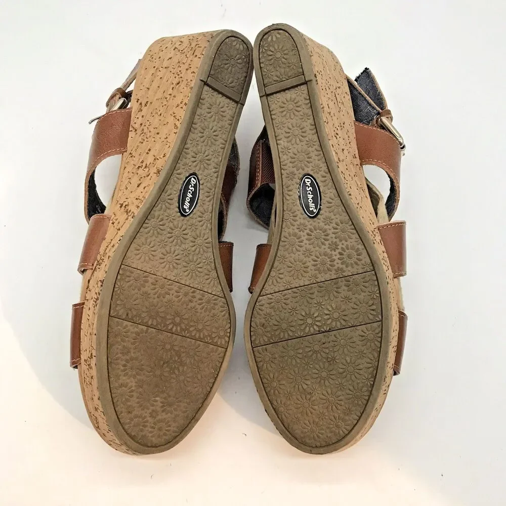 Dr. Scholl's Brenda Wedge Sandal Women's 9.5M Tan Leather & Cork Strappy Shoes